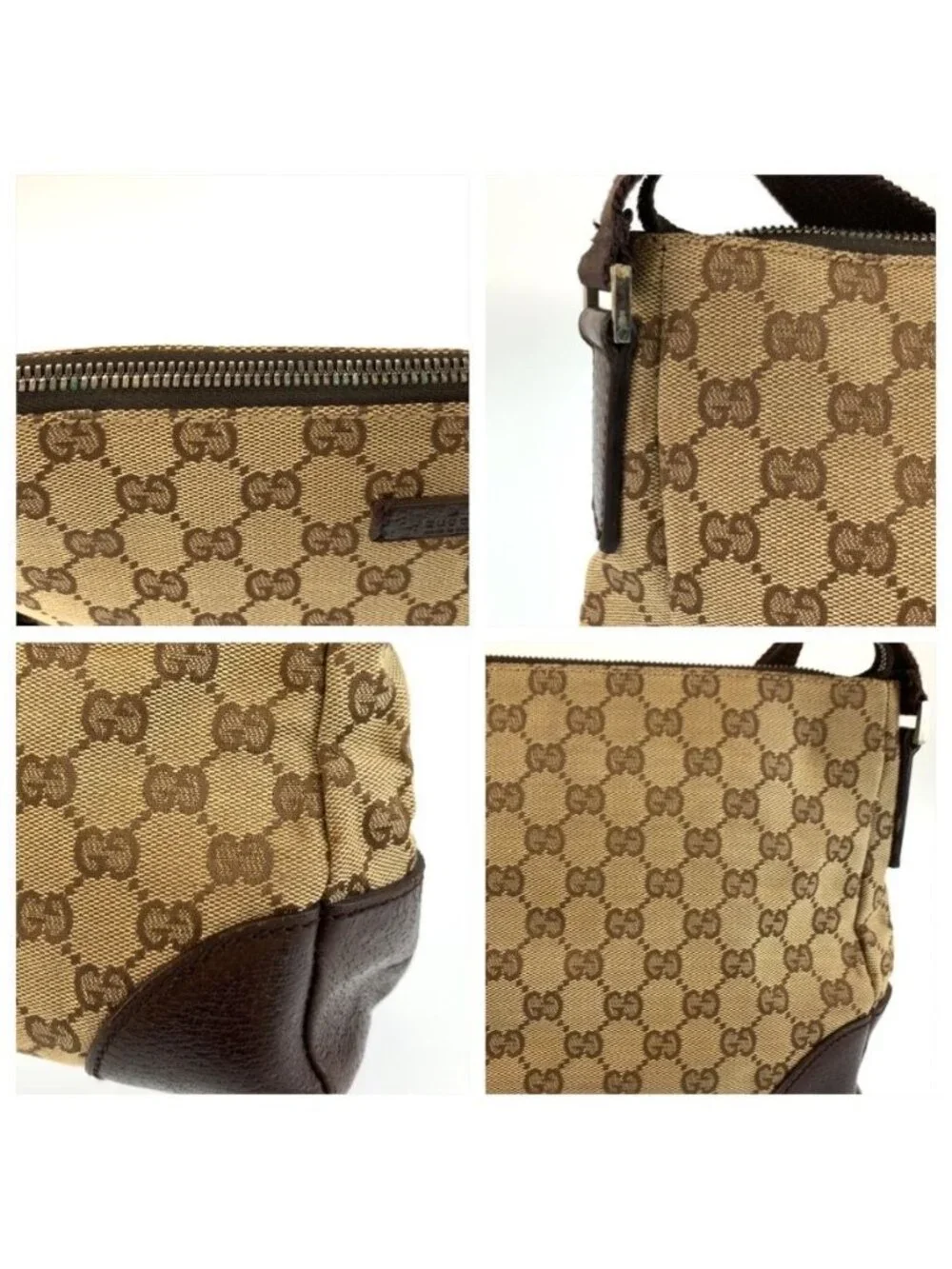Gucci Beige Brown Silver GG Canvas Leather Shoulder Bag